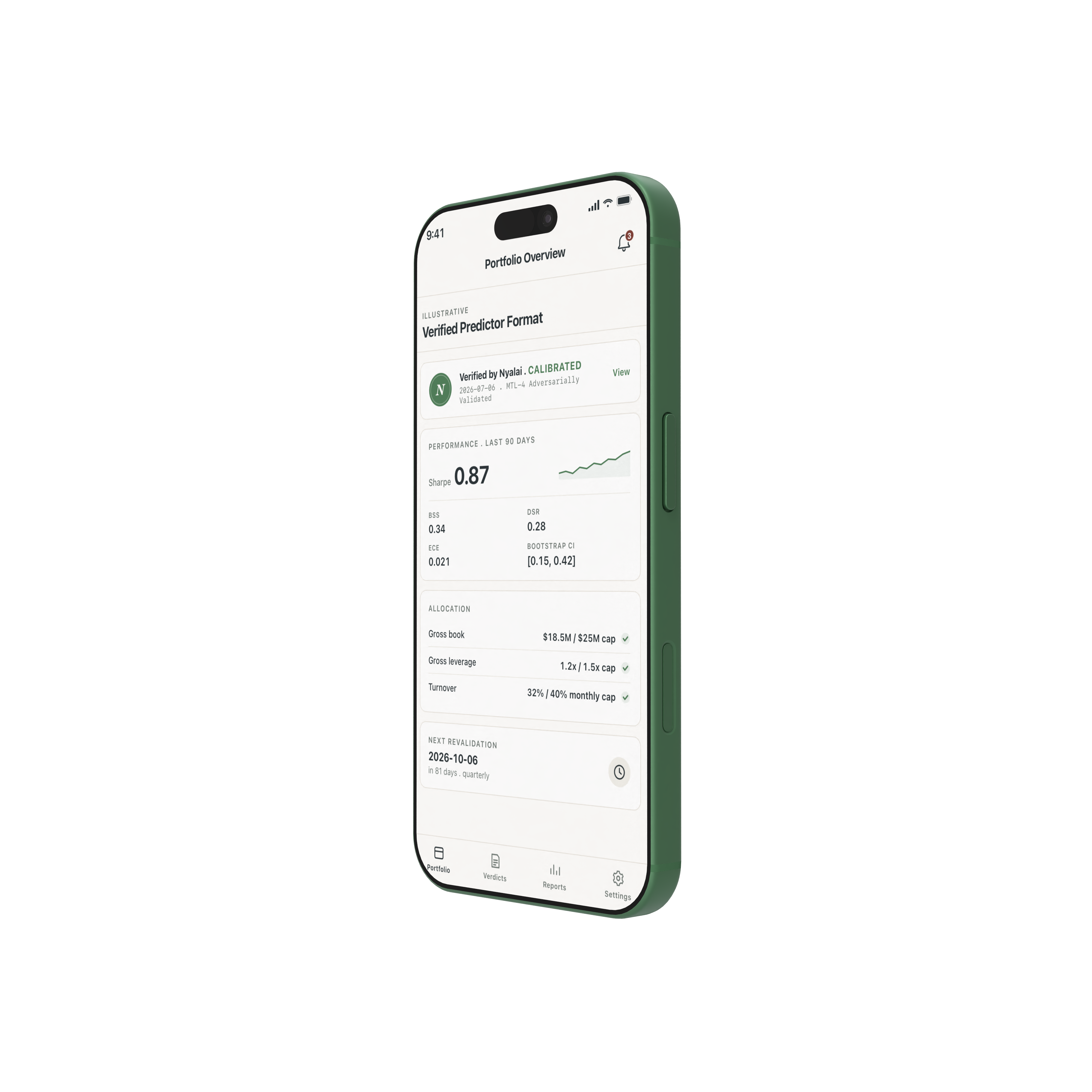iPhone displaying a portfolio dashboard illustrating what a CALIBRATED verdict looks like when monitored, with a rising sparkline and an allocation shown within the declared envelope