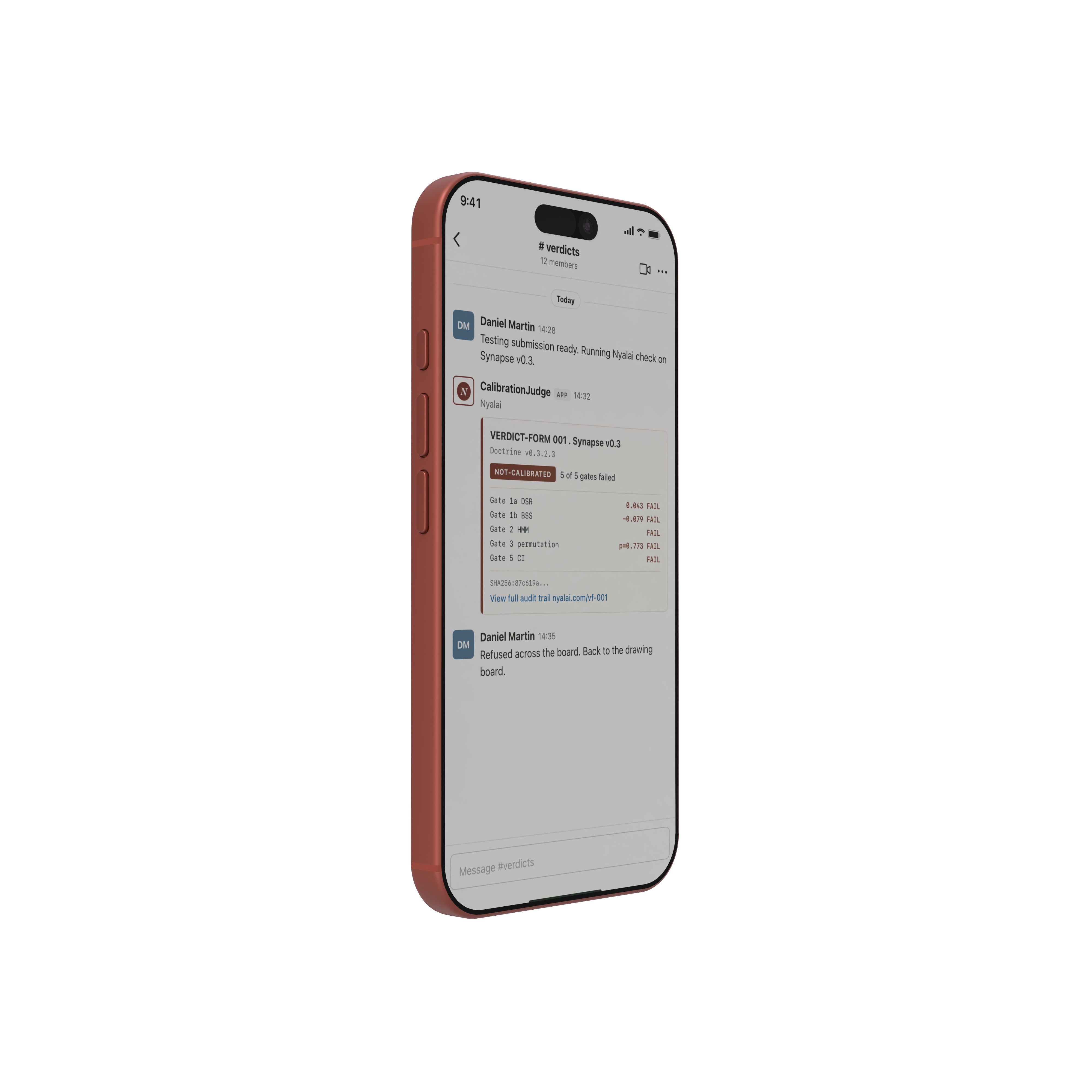 iPhone displaying a Slack channel named verdicts where the CalibrationJudge bot has posted a NOT-CALIBRATED verdict for Synapse v0.3, with five of five gates failed, BSS negative 0.079, ECE 0.141, and audit trail hash cice/87c619a
